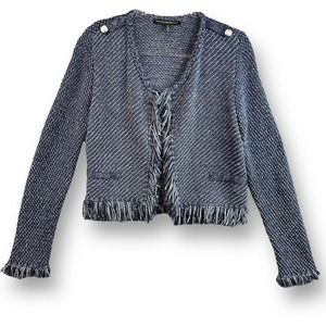 White House Black Market Cropped Crochet Fringe Blazer Size Medium Blue